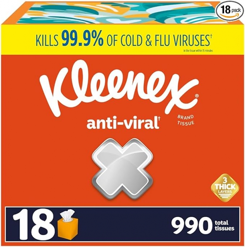ihocon: Kleenex Anti-Viral Facial Tissues, Classroom or Office Tissue, 18 Cube Boxes, 55 Tissues per Box, 3-Ply 抗病毒面紙 18 盒(990 Total Tissues)