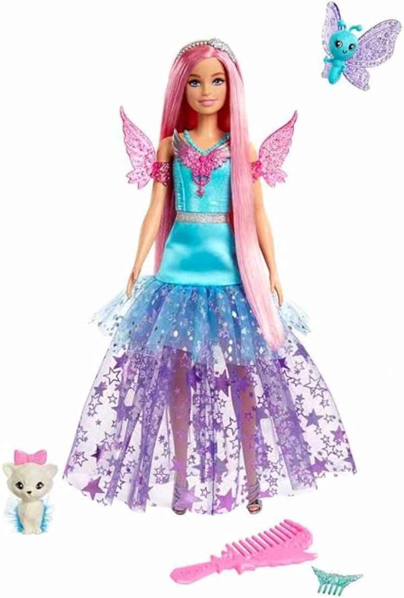 ihocon: Barbie Doll with 2 Fantasy Pets & Dress, Barbie “Malibu” Doll from Barbie A Touch of Magic, 7-inch Long Hair 芭比娃娃