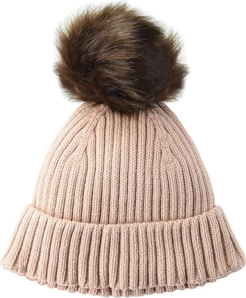 ihocon: [Amazon自家品牌]Amazon Essentials Women's Ribbed Beanie with Faux Fur Pom   女帽