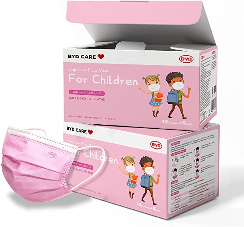 ihocon: BYD CARE Single Use Face Mask for Children Kids, Pink, 3-Layer Non-woven Fabric, 50 Pieces   兒童一次性口罩