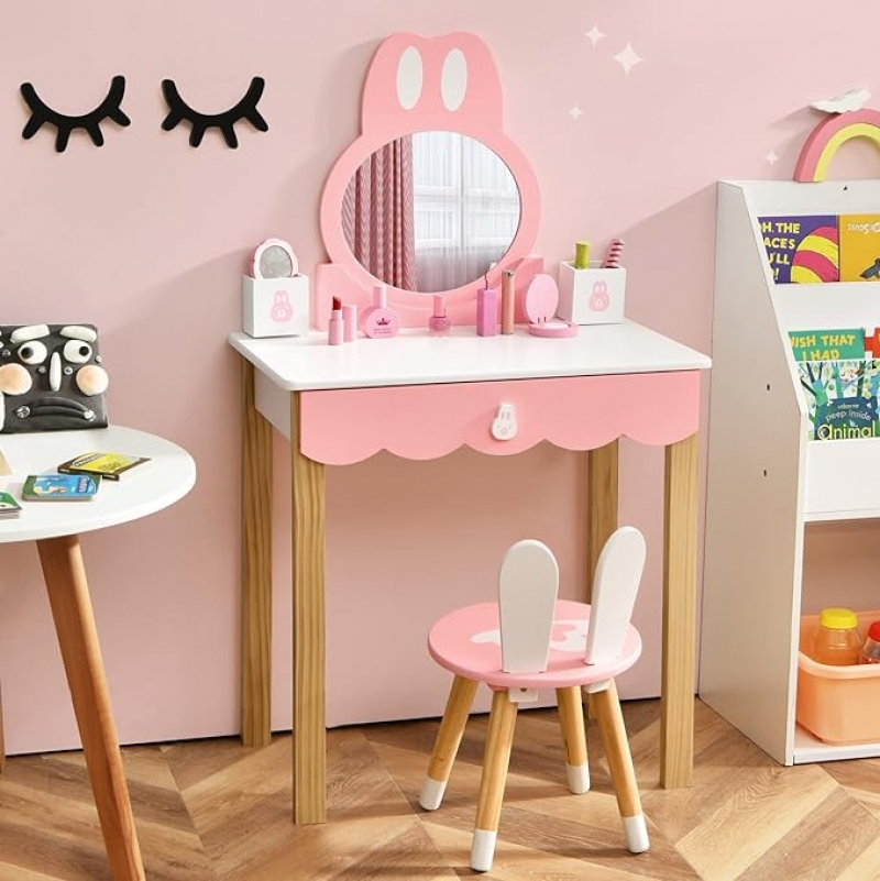 ihocon: Costzon Kids Vanity Set with Mirror 兒童梳妝台 + 椅子