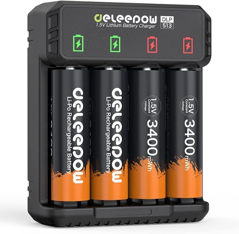 ihocon: Deleepow Rechargeable Lithium AA Batteries 1.5V 3400mWh, Rechargeable AA Batteries 4 Count with Charger 1500 Cycle   电池充电器 + AA充电电池4个