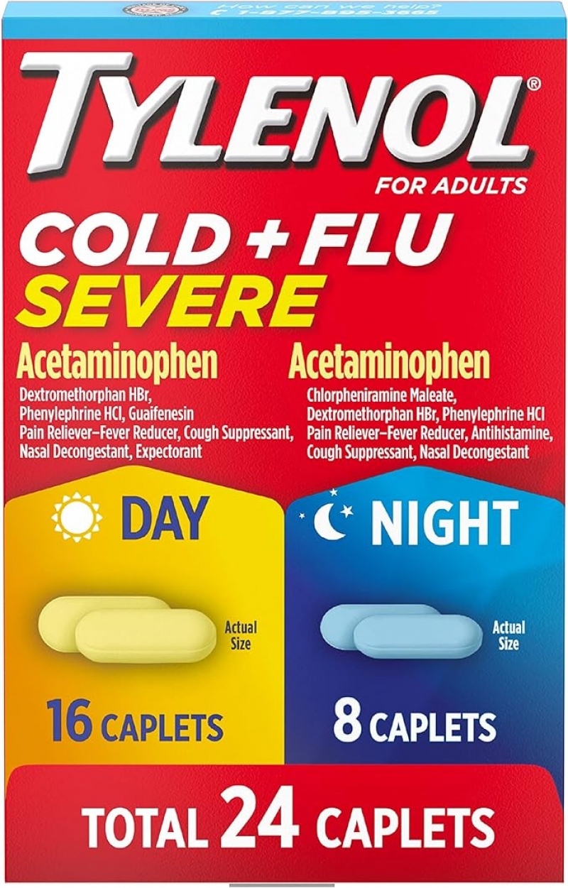 ihocon: Tylenol Cold + Flu Severe Day & Night Caplets for Fever, Pain, Cough & Congestion Relief 日间及夜间 感冒/流感胶囊，共24粒